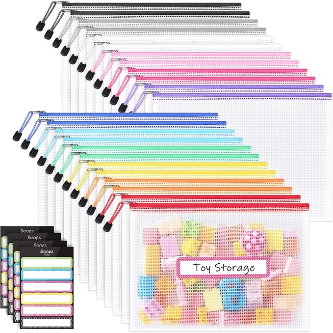 Sooez 24 Pack Mesh Zipper Pouch with Sticky Labels, A4 Mesh Bags, Toy Storage Board Game Puzzles Organization, Sturdy Lett...