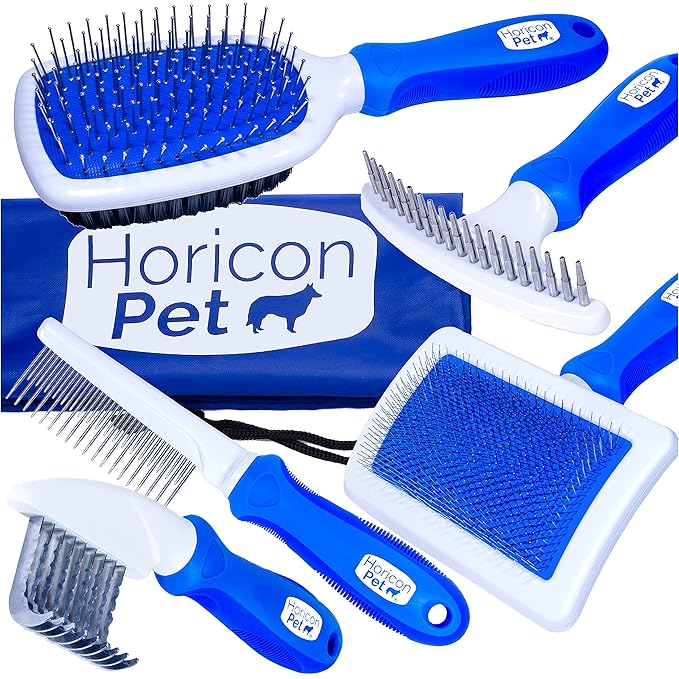 Horicon Pet 6 In 1 Premium Dog Brush Set - Dog Grooming Brushes - Ball Pin & Bristle Brush, Curved Blade Dematting Comb, S...