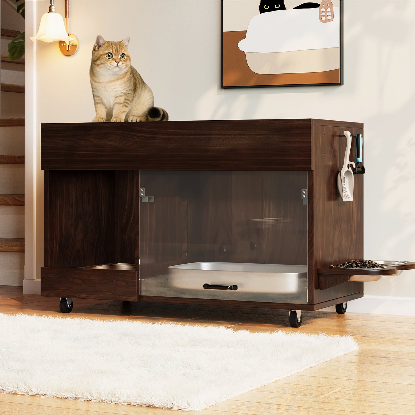 Movable Cat Litter Box Cabinet  Cat Litter Box With Cat Food Plates, Sand Drip Tray, Perforated Plate With Hook Holes, Without Litter Box, 1 0 0x45.5x67 Cm, Walnut Colour