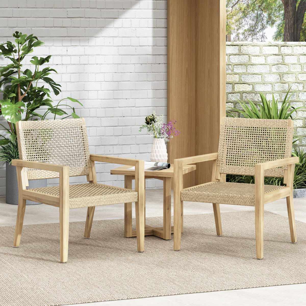 Outdoor Wicker And Acacia Wood Club Chairs, Set Of 2, Light Multibrown And Light Brown, 34 H X 25 W X 27.25 D