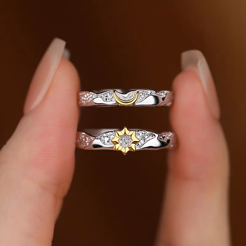 1 Pair 999 Sterling Silver Sun & Moon Couple Rings, Romantic Minimalist Promise Rings, Ideal Valentine's Day Gift For Lovers