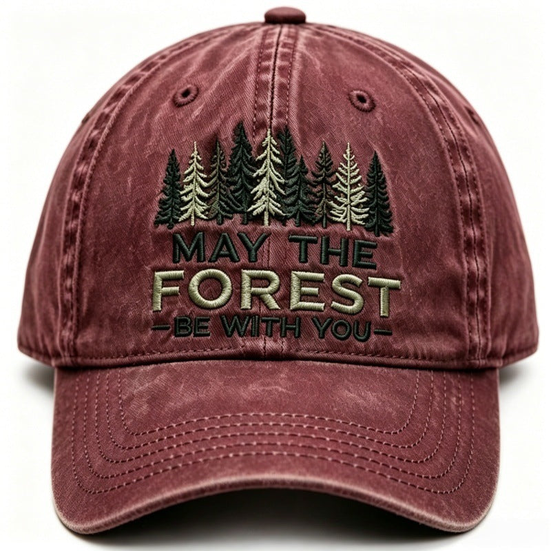 Water-washed, Distressed Forest-themed Embroidered Outdoor Casual Baseball Cap