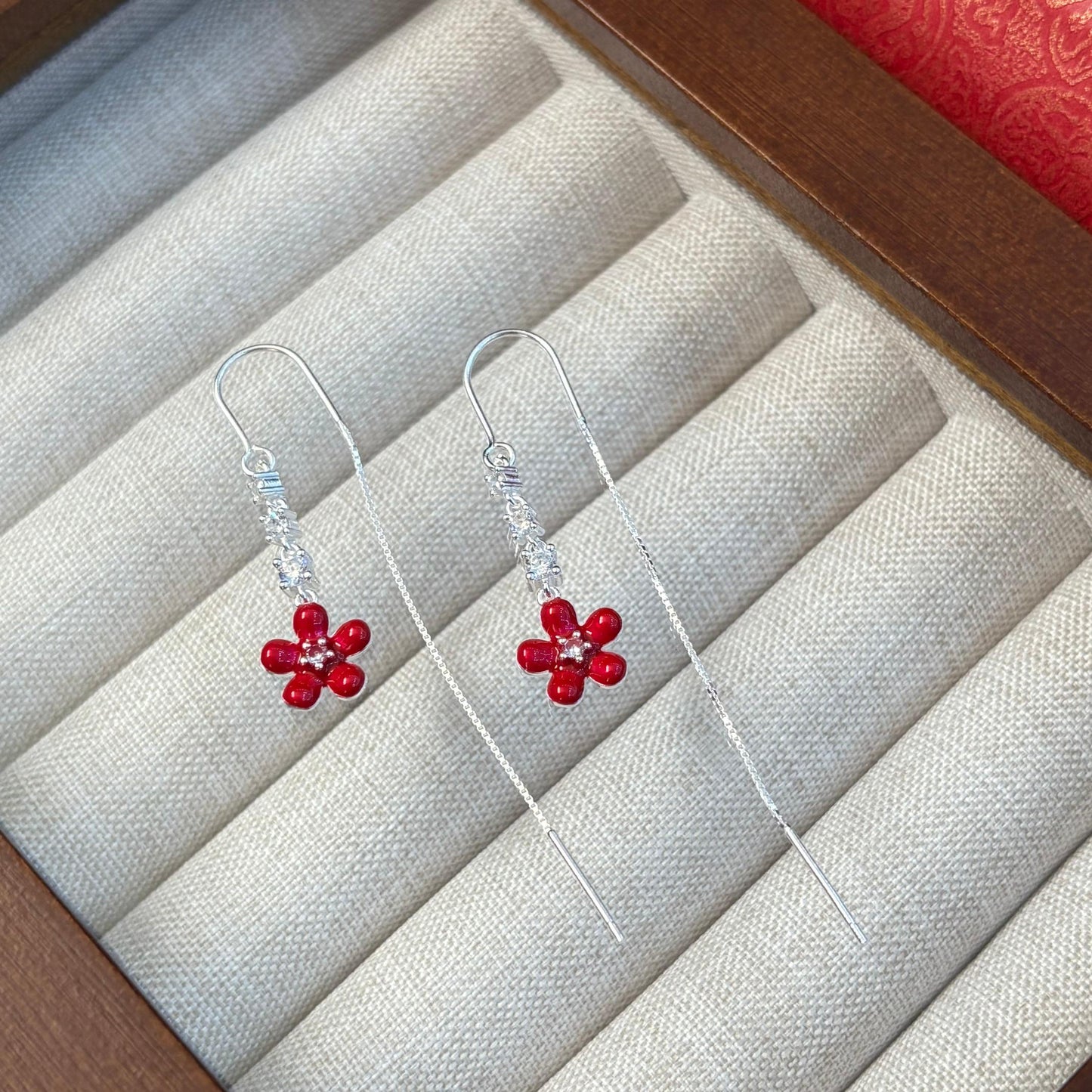 1 Pair 999 Sterling Silver Red Flower Zircon Long Threader Earrings, Sweet & Elegant, Perfect For Daily, Dating & Gifting, Ideal Valentine's Gift