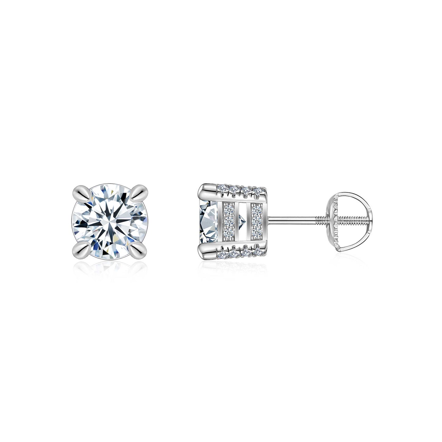 S925 Sterling Silver Moissanite Stud Earrings, 0.5&2ct D-VVS1 4-Prong Basket Pave With Screw Backs, GRA Certificate Gift Box
