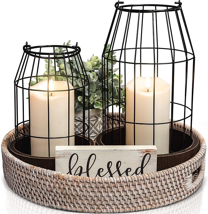 Rustic Farmhouse Lantern Decor Set of 2 - Stylish Decorative Lanterns for Your Living Room, Fireplace Mantle or Kitchen Di...