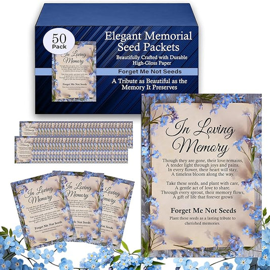 50pc Blue Premium Pre-Filled Forget Me Not Seeds Packets Favors for Funerals, Funeral Decorations, Celebration of Life Dec...