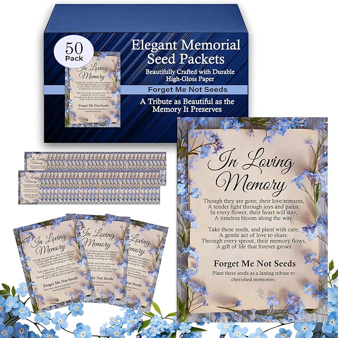 50pc Blue Premium Pre-Filled Forget Me Not Seeds Packets Favors for Funerals, Funeral Decorations, Celebration of Life Dec...