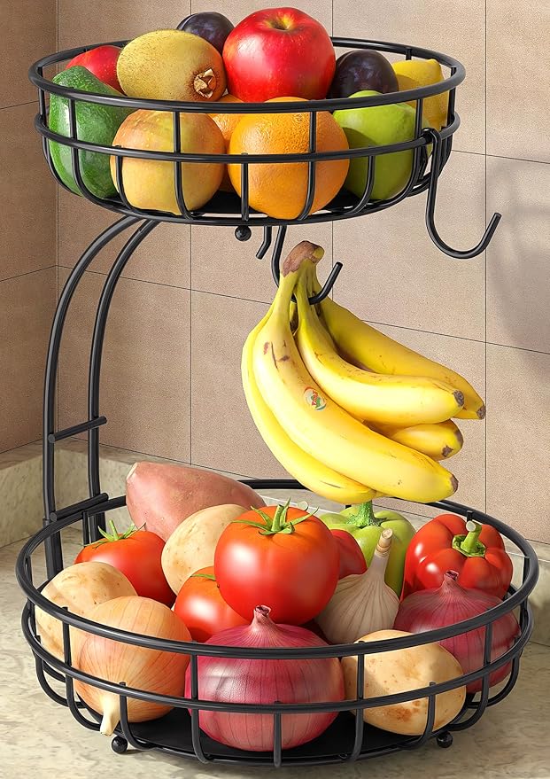 Sevenblue 2 Tier Large Fruit Basket for Kitchen Counter with Removable Banana Hanger - Sturdy Iron Fruit Bowl for Kitchen ...