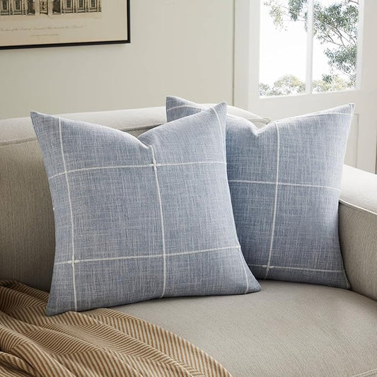 YZJZEDS 2 Packs Grid Embroidery Throw Pillow Covers, 22x22 Inch Blue, Farmhouse Linen Decorative Dusty Blue Cushion Covers...