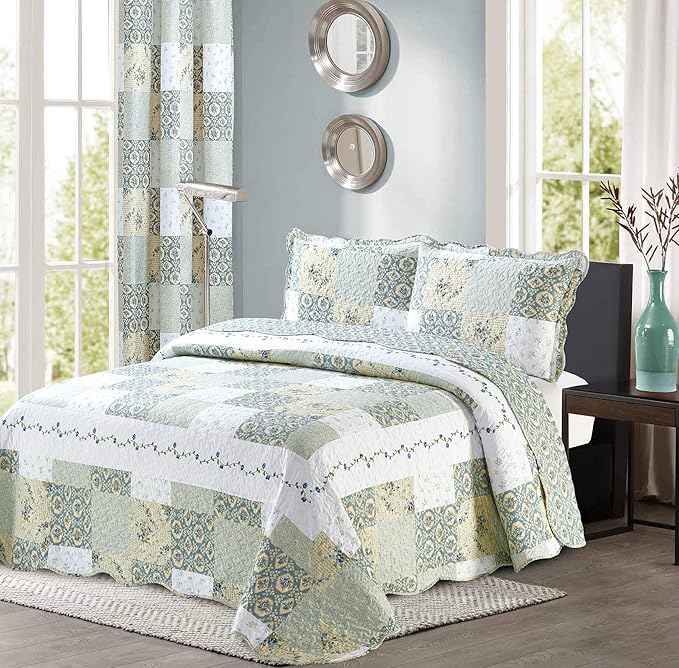 All American Collection New Reversible 3pc Floral Printed Patchwork Blue/Green Bedspread/Quilt Set Matching Curtains Avail...