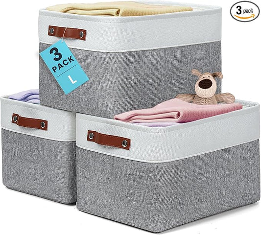 OrganiHaus Large Fabric Storage Baskets for Shelves 3 Pack, 15x11in Closet Storage Bins, Canvas Storage Bin for Organizin...