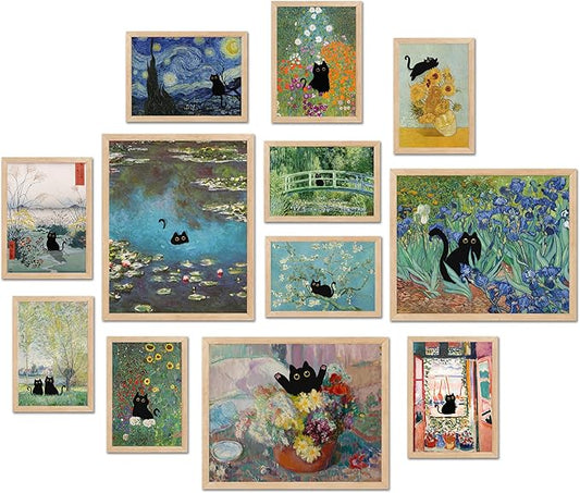 TwoDays Vintage Black Cat Room Decor, Funny Cats in Famous Painting, Monet Van Gogh Matisse Wall Art Prints for Bathroom B...