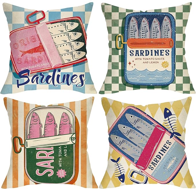 Fjfz Sardines Can Decorative Throw Pillow Covers 20 x 20 Set of 4, Beach Coastal Fish Fisherman Aesthetic Porch Outdoor Ho...
