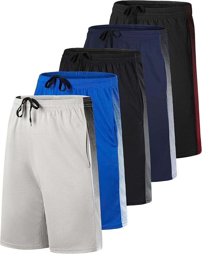 Real Essentials 5 Pack: Men’s 9" Mesh Shorts – Athletic Gym, Workout, Basketball, Running, Casual Lounge Activewear Pockets