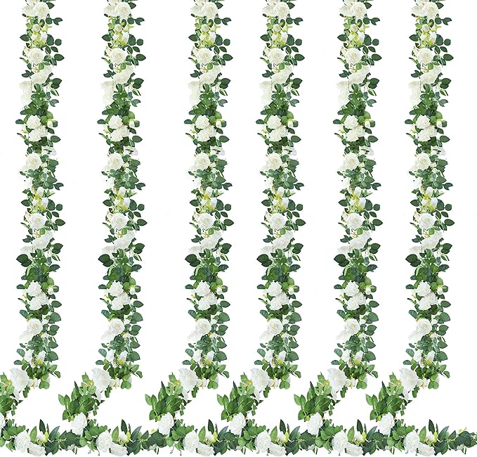 Sggvecsy 6Pcs 46.5Ft Artificial Rose Vine Fake Flower Garland Floral Garland Faux Silk Hanging Vine Rose Ivy Vines for Wed...