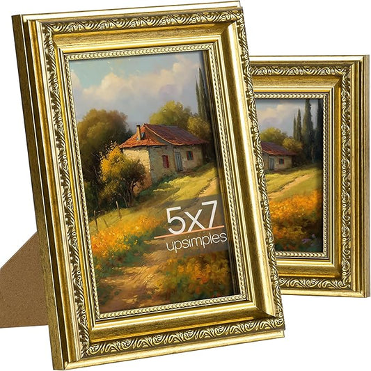 upsimples 5x7 Picture Frame with Real Glass, Ornate Vintage 5 x 7 Photo Frames for Wall Decor or Tabletop Display, Gold, 2...