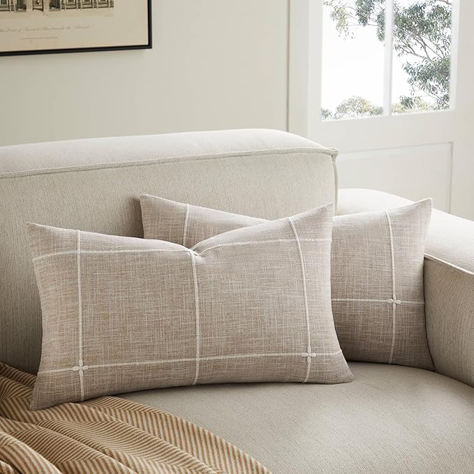 YZJZEDS 2 Packs Grid Embroidery Lumbar Throw Pillow Covers, 12x20 Inch Taupe, Farmhouse Linen Decorative Light Brown Cushi...