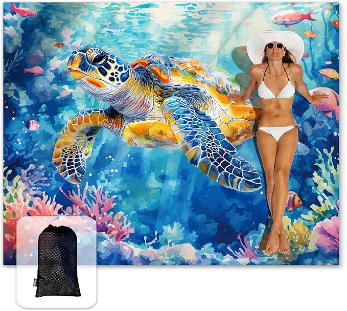 Sunlit Large Beach Blanket Waterproof Sand Proof, 81" x106" Sand Free Beach Mat with Anchored Pockets and Storage Bag, for...