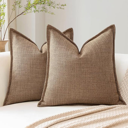 OTOSTAR Pack of 2 Brown Decorative Pillow Covers 14x14 Inch Soft Linen Texture Couch Throw Pillows Farmhouse Cushion Cover...