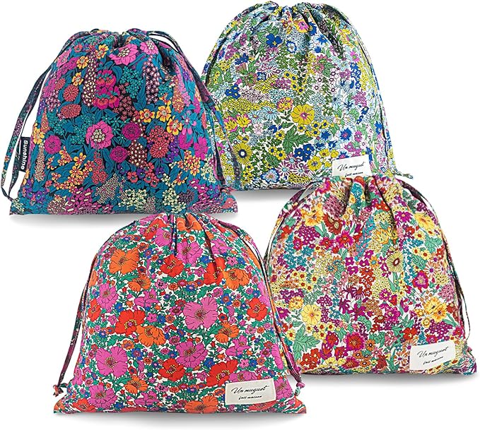RoyYam 4-Pack Cotton Drawstring Gift Bags, 10.2" x 11" Floral Fabric Gift Pouches, Reusable Muslin Storage Sacks for Trave...