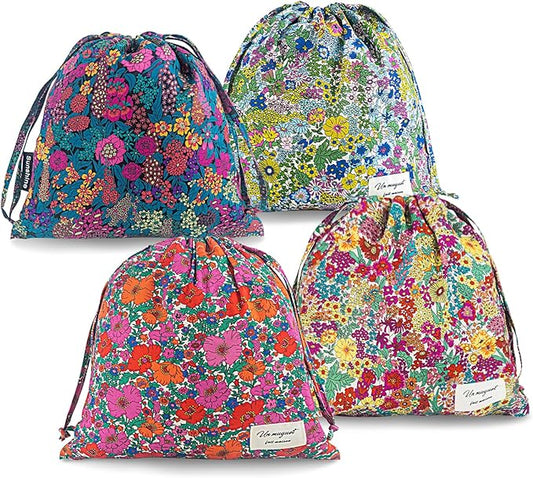 RoyYam 4-Pack Cotton Drawstring Gift Bags, 10.2" x 11" Floral Fabric Gift Pouches, Reusable Muslin Storage Sacks for Trave...