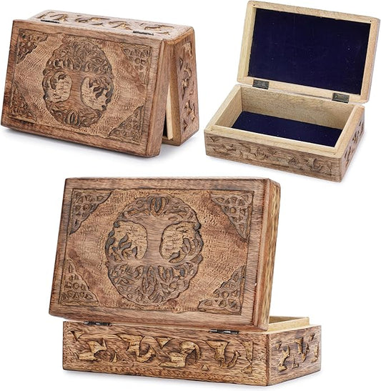Ajuny Wooden Jewelry Box - Hand Carved Mango Wood Tree of Life Celtic Carving Decorative Multipurpose Keepsake Box, Treasu...
