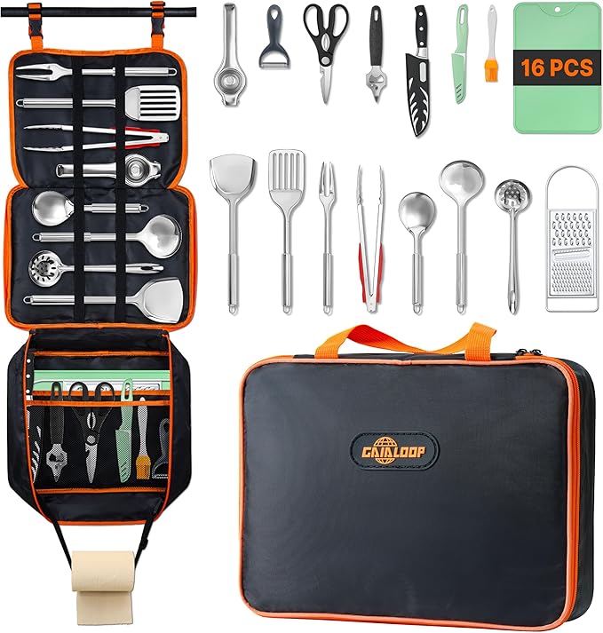 Gaialoop Portable Camping Cooking Utensils Set, Camp Kitchen Set with Organizer Bag, RV Essentials Outdoor Cooking Utensil...