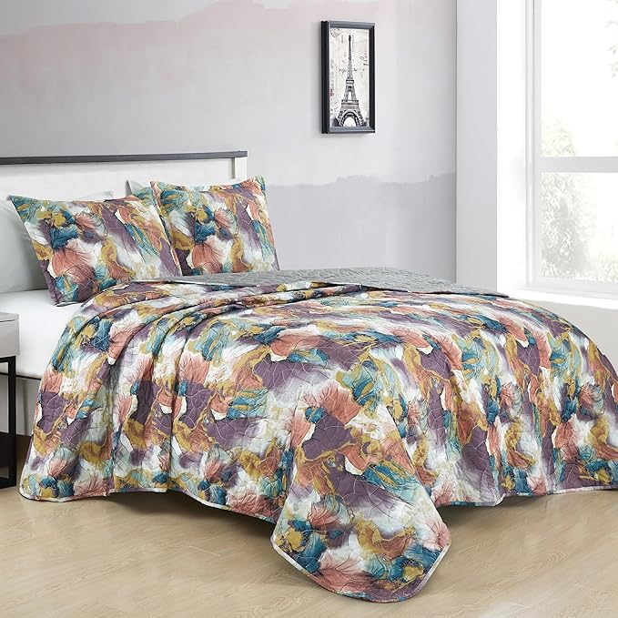 Chezmoi Collection Passion 3-Piece Floral Quilt Set Queen - Multicolor Purple Red Blue White Gray Yellow Waterbrush Printe...