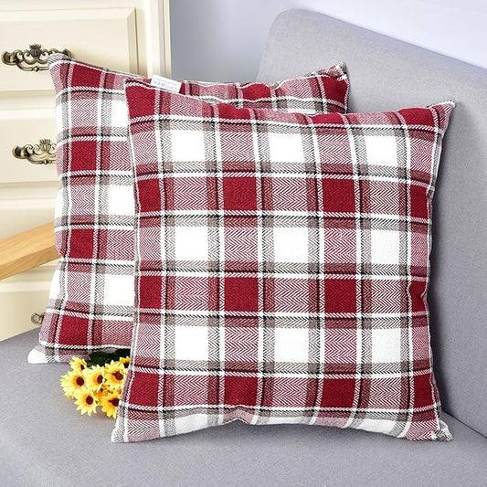 NATUS WEAVER 2 Piece Burgundy White Checker Pillow Case Soft Linen Square Decorative Throw Cushion Cover Pillowcase with H...