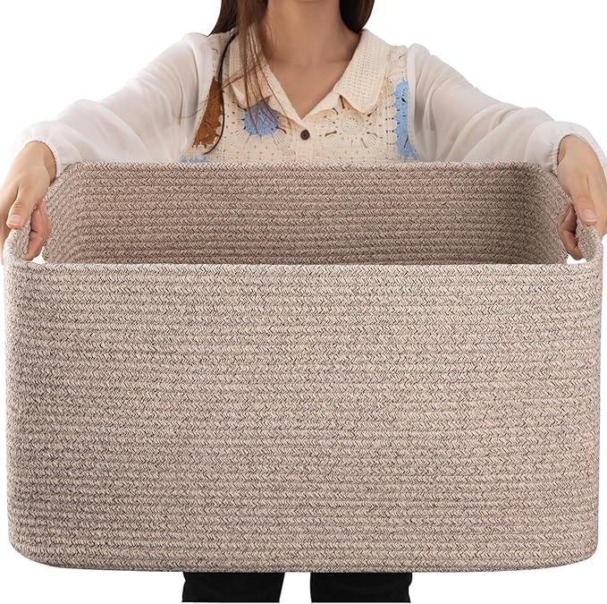 OIAHOMY 75L Large Woven Cotton Rope Storage Basket with Handle for Organizing Blanket and Toys for Living Room, Nursery, B...