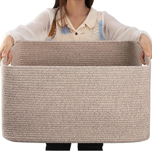 OIAHOMY 75L Large Woven Cotton Rope Storage Basket with Handle for Organizing Blanket and Toys for Living Room, Nursery, B...