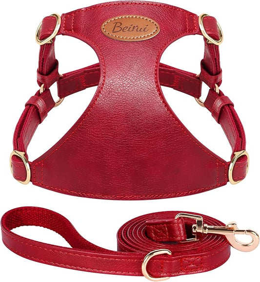 Beirui ‌Stylish PU Leather Dog Harness‌ and Leash Set for Small Dogs, ‌Adjustable Step in Dog Vest Harness with Breathable...