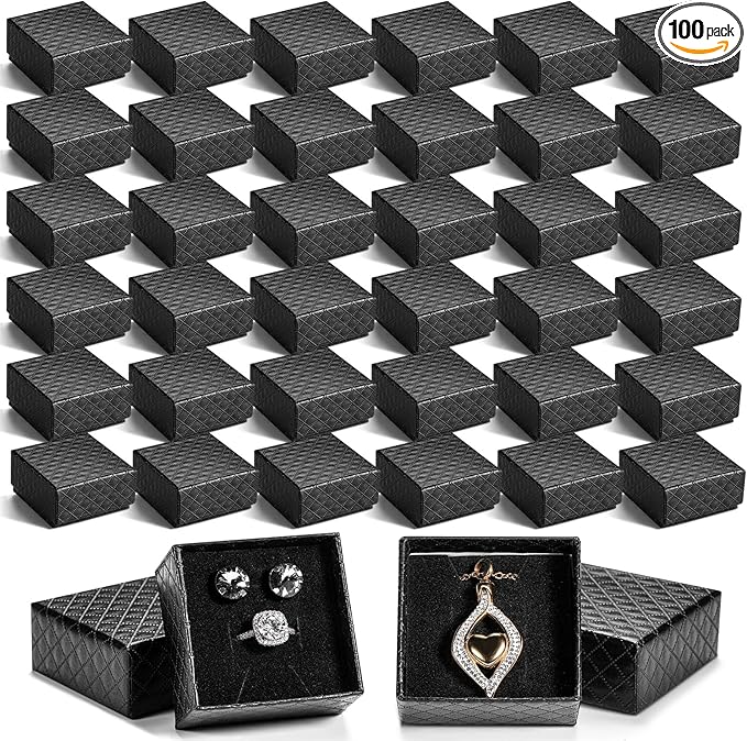 Landical 100 Pcs Jewelry Ring Gift Box 2'' x 2'' x 1'' Cardboard Earring Ring Boxes Small Black Gift Box with Velvet and S...