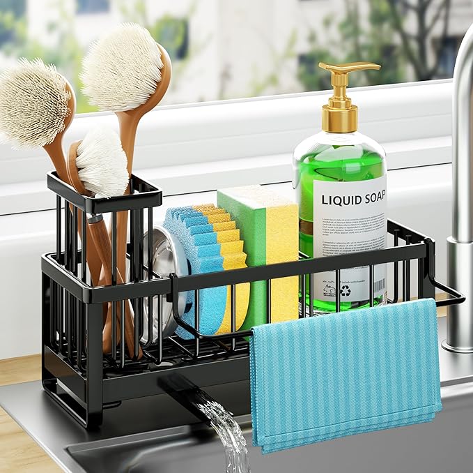 HapiRm Sponge Holder for Kitchen Sink - Self-draining Sink Caddy with Brush and Dishcloth Holders, Stainless Steel Kitchen...