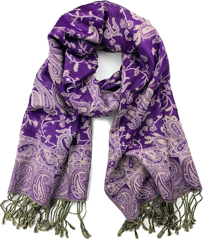 Plum Feathers Tapestry Ethnic Paisley Pattern Pashmina Shawl Scarf, Womens Pashmina Shawl Wrap with Fringes