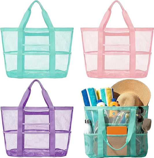 Aliceset 3 Pcs Beach Mesh Bag Large Beach Tote Bag with Zipper Waterproof Sandproof Shell Collecting Bags 3 Color Pool Fol...