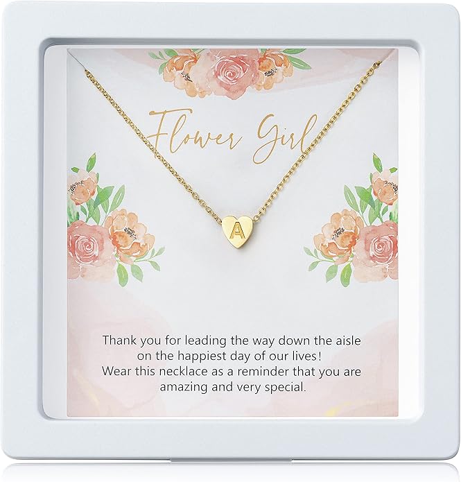 OSNIE Flower Girl A-Z Alphabet Pendant Necklace 14K Gold Plated Tiny Capital Letter Initial Heart Pendant Necklace Wedding...