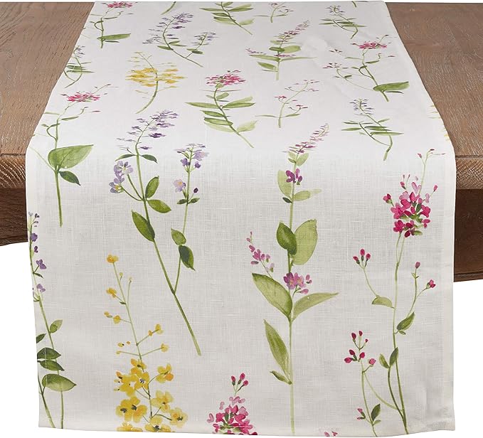 Watercolor Floral Stems Linen Table Runner