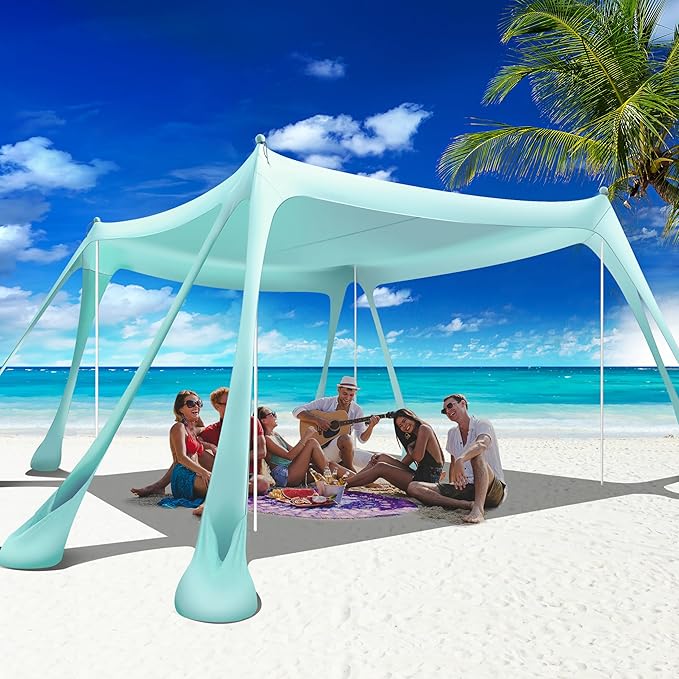 VIONMI Beach Canopy Beach Tent Pop Up Shade 10x10ft Sun Shelter UPF50+ with 8 Sandbags-2 Sand Shovel-4 Aluminum Poles-Grou...