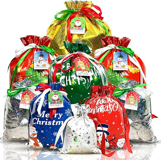 Diamerd 38PC Christmas Drawstring Gift Bags with Tags, Assorted Sizes for Xmas Party Favors & Holiday Present Wrapping, Sm...
