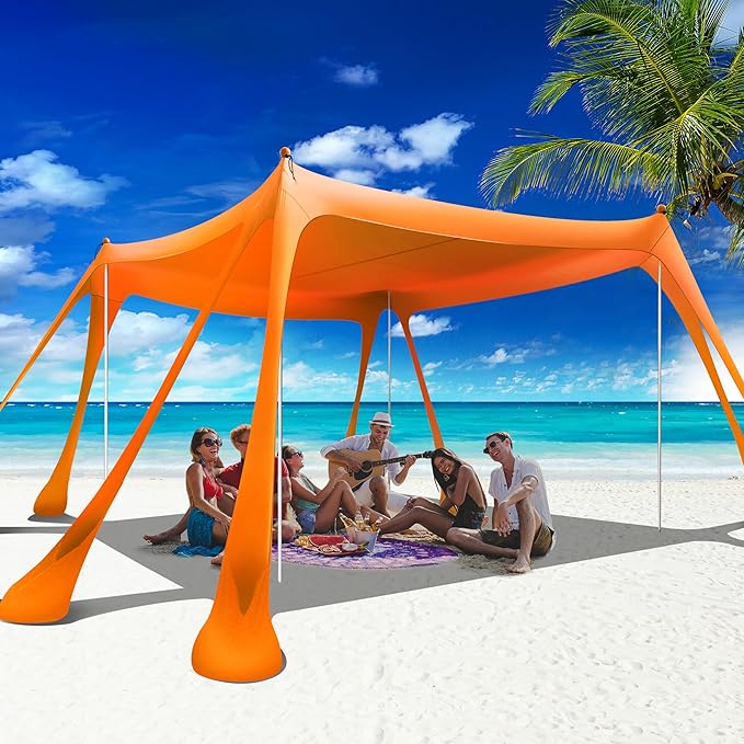 VIONMI Beach Canopy Beach Tent Pop Up Shade 10x10ft Sun Shelter UPF50+ with 8 Sandbags-2 Sand Shovel-4 Aluminum Poles-Grou...