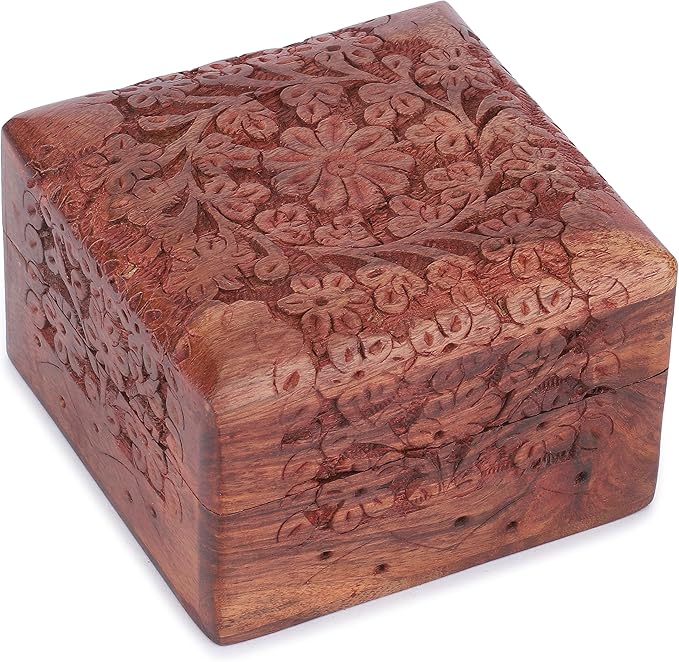 Ajuny Wooden Hand Carved Decorative Keepsake Box Jewelry Armoire Treasure Chest Trinket Holder Storage Travel Organiser Pe...