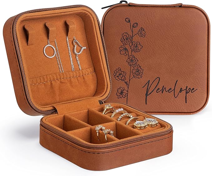 Custom Leather Jewelry Box w/Name & Birth Flower Month - Birthday Gifts for Women, Personalized Jewelry Travel Case - Cust...