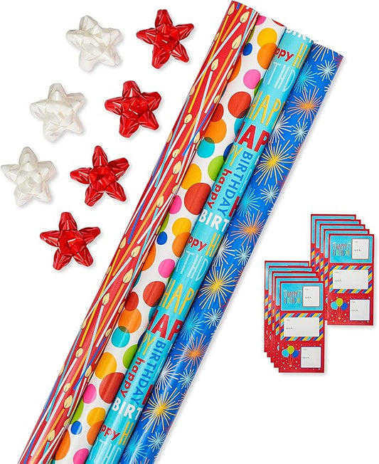 American Greetings Birthday Wrapping Paper Kit with Cut Lines, Bows and Gift Tags, Balloons, Candles, and Fireworks (7 Bow...