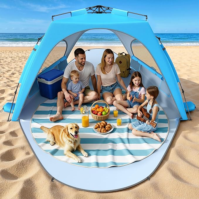 Raynesys Beach Tent Sun Shelter for 5-6 Person, Pop Up Beach Canopy, UPF 30+ UV Protection, Breathable Mesh Window, Portab...