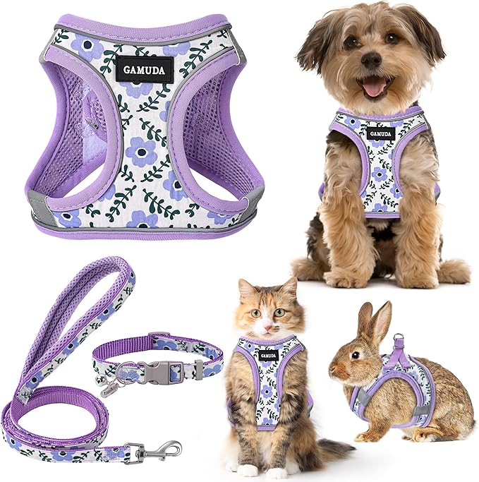 GAMUDA Small Dog Harness Collar and Leash Set, Step in No Chock No Pull Soft Mesh Adjustable Dog Vest Harnesses Plaid Refl...