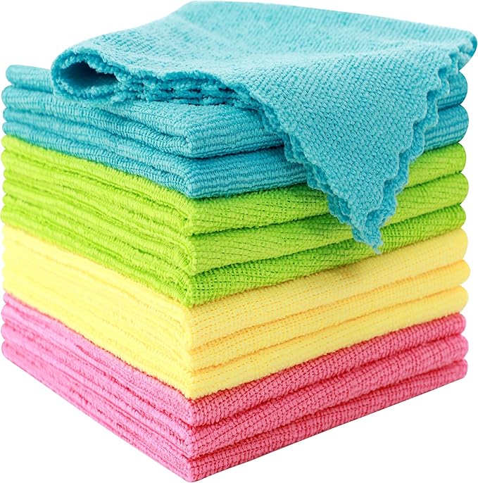 MOONQUEEN 12 Pack Microfiber Cleaning Cloth - Reusable Cleaning Rag, Fast Drying Cleaning Towels,12"X12", Green/Blue/Yello...
