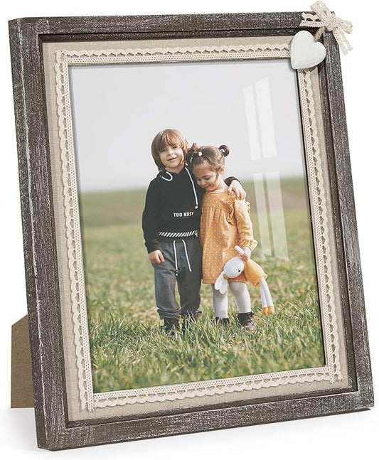 Sapowerntus 8x10 Picture Frames Rustic Wood Farmhouse Cute Heart Love Solid Wooden Family Photo Frame Lace Bow Glass Boho ...