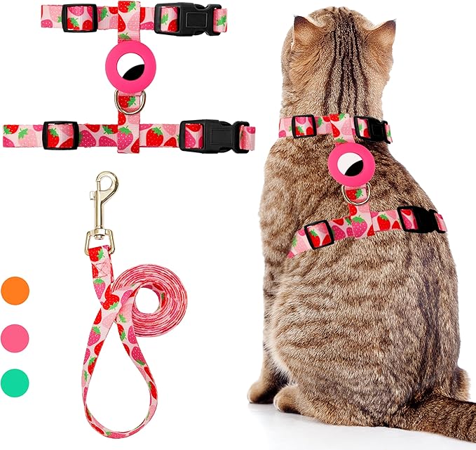 Cat Harness and Leash Escape Proof for Walking Travel Outdoor - Cute Strawberry Nylon Adjustable Cute Cat Harness Leash Se...