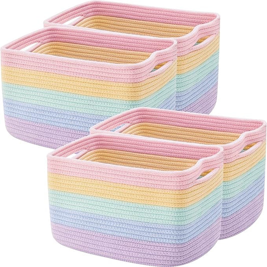 ENAORGAN Set of 4 Rainbow Rope Basket for Shelves Woven Rectangle Storage Basket Bins for Nursery Toy Storage for Baby Girl